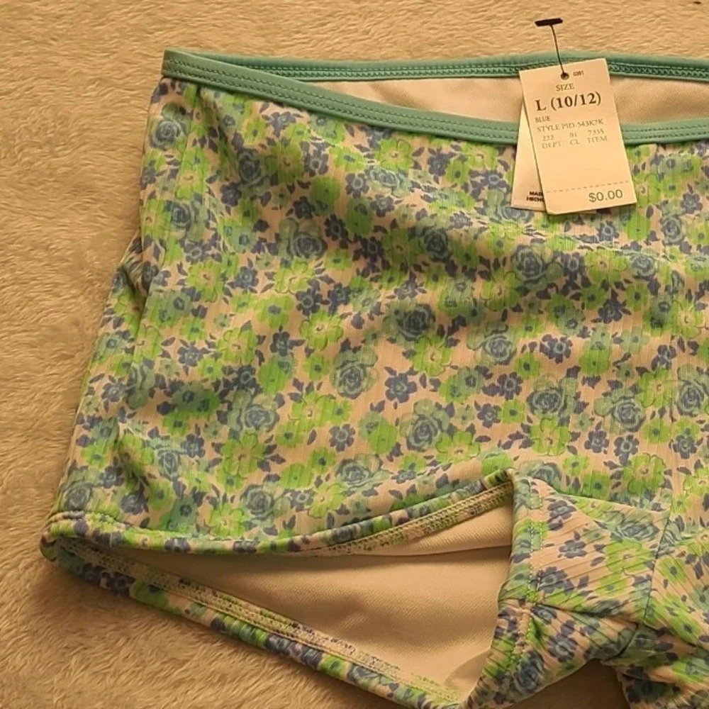 Art Class Girls Floral Swim Shorts Blue Green Ribbed Swimsuit Bottoms L 10/12